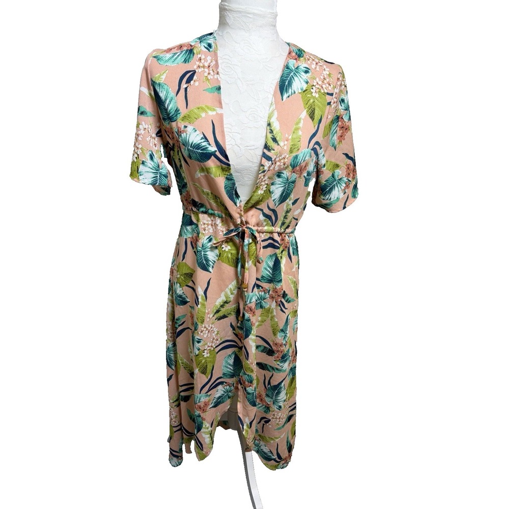 Liberty Love Kimono Midi Duster ~S~Tie Waist Tropical Crepe Short Slv Boho Beach
